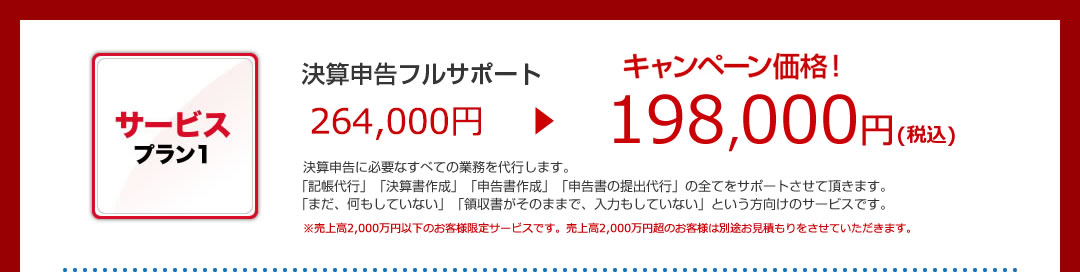 サービスプラン1 記帳まで含めた決算申告フルサポート 198,000円 「まだ何もしていない」「領収書がそのままで、経理入力もしていない」という方向けのフルサポートサービスです。