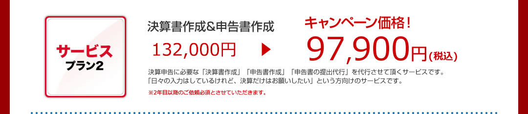 サービスプラン2 決算申告書作成&申告代行 97,900円 経理データ入力を自社で入力済みの方の「決算書・法人税申告書作成」サポートです。
