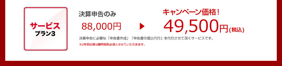 サービスプラン3 決算申告対応 49,500円 申告書提出の代行のみのサービスです。